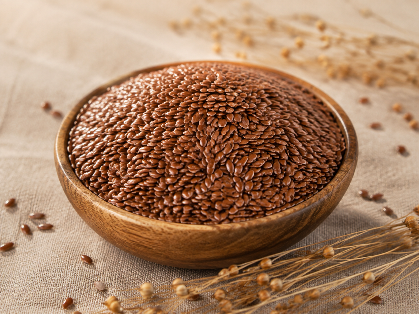 Brown flaxseed in a wooden bowl
