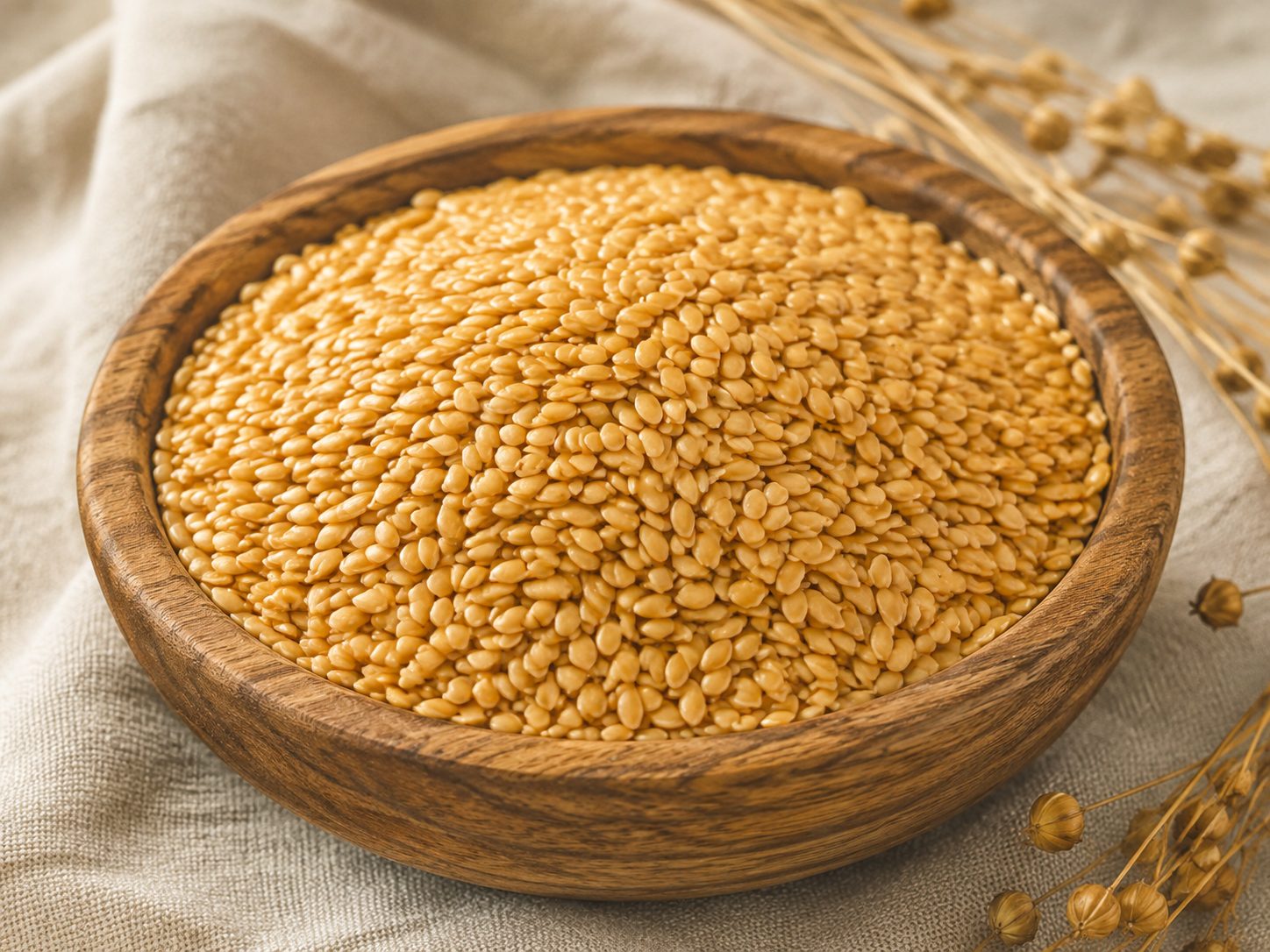 Golden flaxseed in a wooden bowl