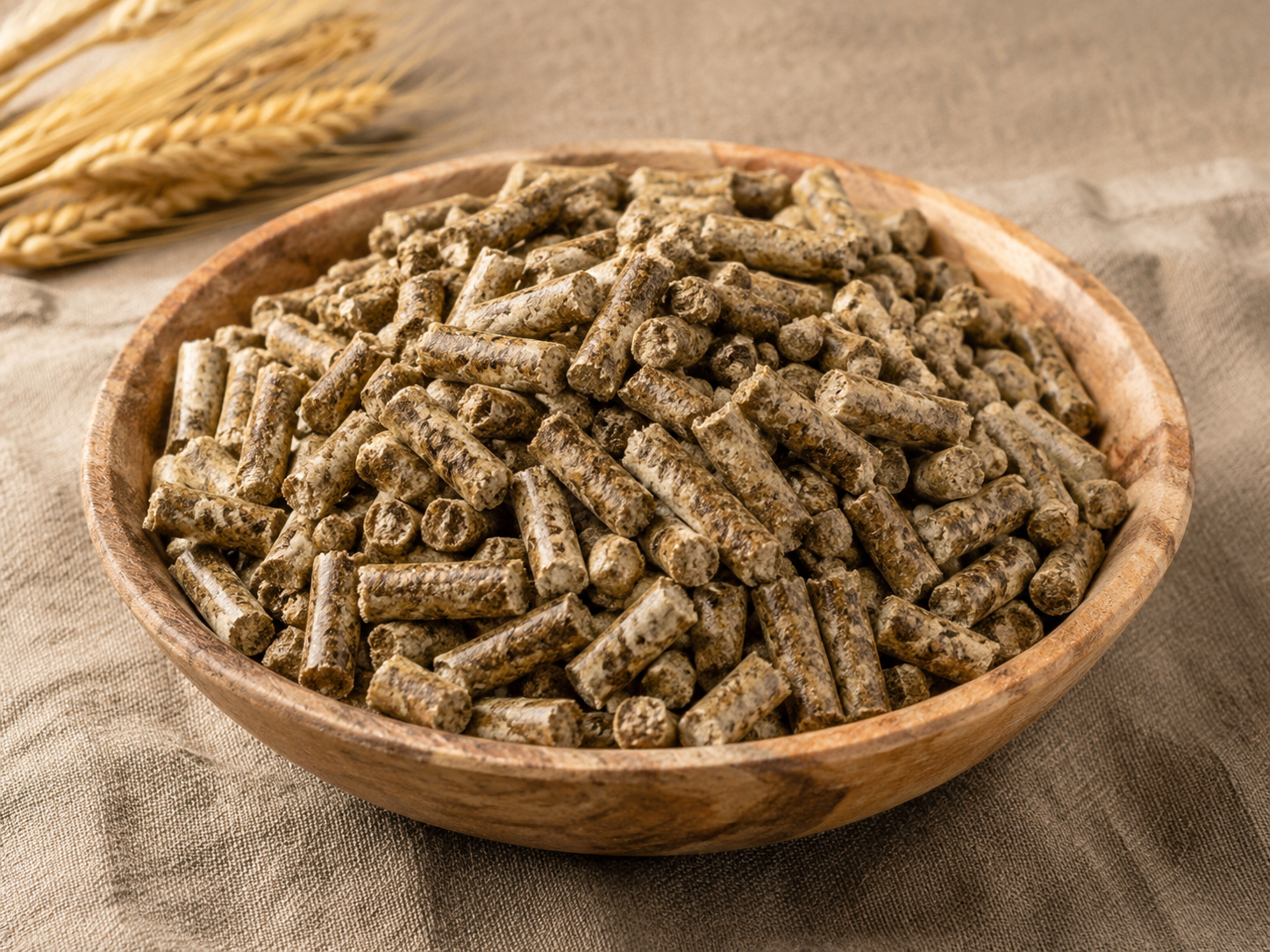 Granulated sunflower meal pellets in a wooden bowl